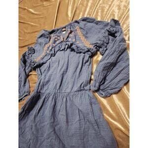 Tea Collection Girls 10 Blue Embroidered Crinkle Crepe Boho Ruffle Dress Pockets